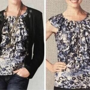 CAbi Women's Beige Splatter Print Ruffles Sleeveless 100% Silk Top Size XS
